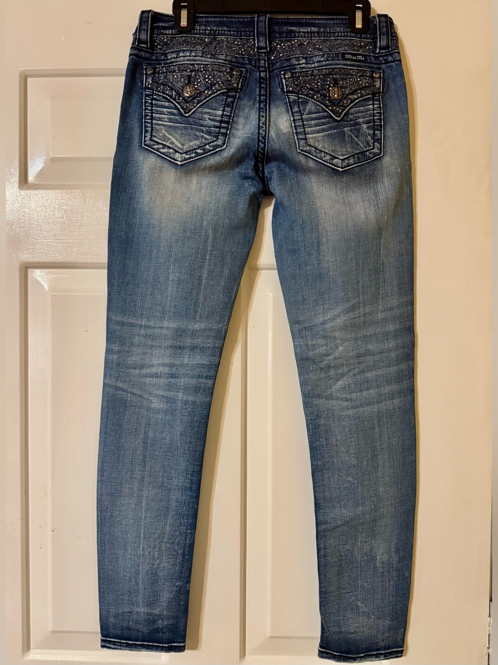 Miss Me Blue Distressed Skinny Jeans with Embellished Back Pockets